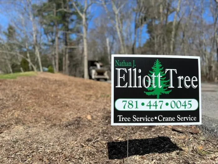 Elliott Tree yard sign reading Nathan J. Elliott Tree, Tree Service, Crane Service